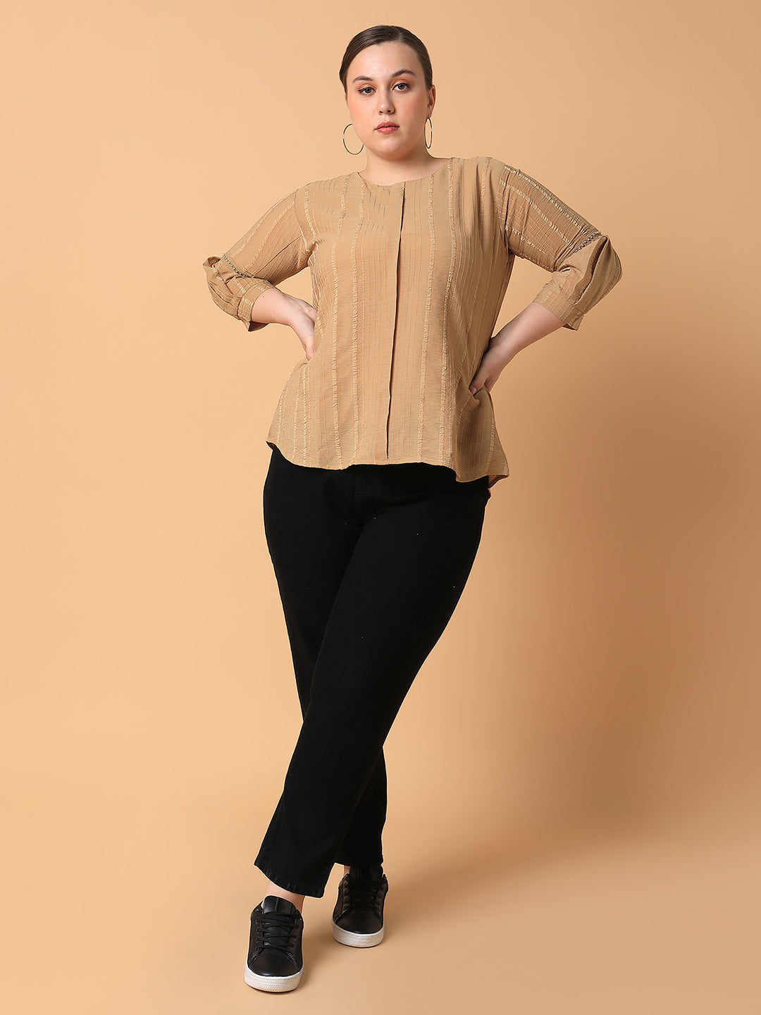 Women Striped Camel Brown Top