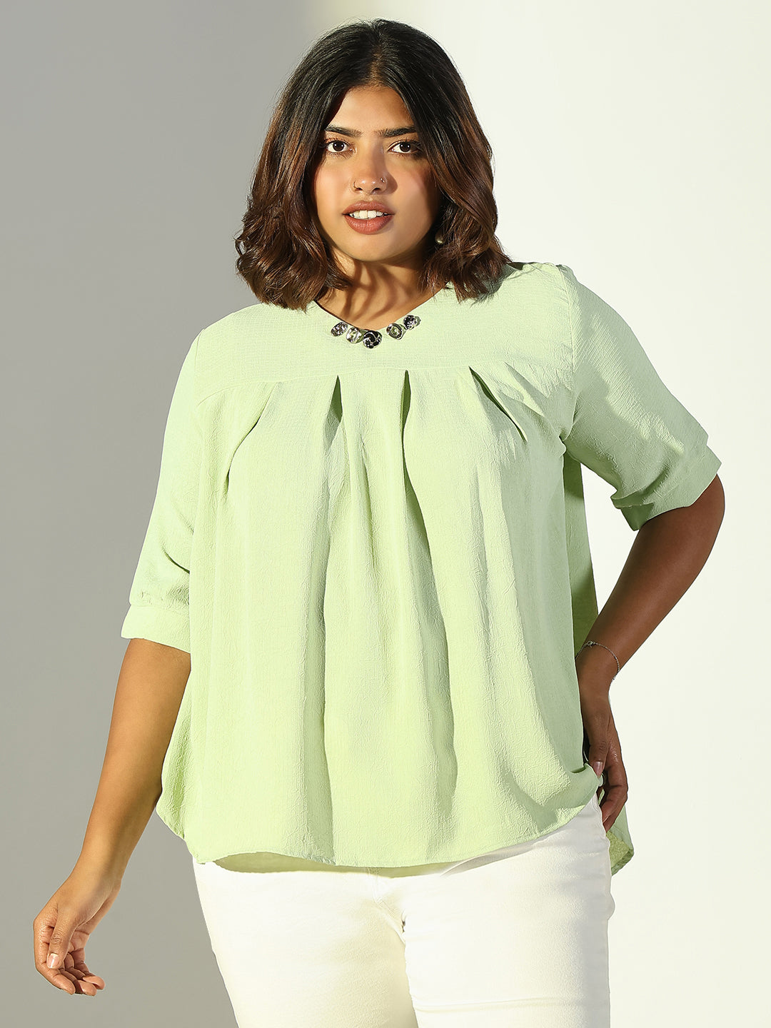 Women Green Solid A Line Top