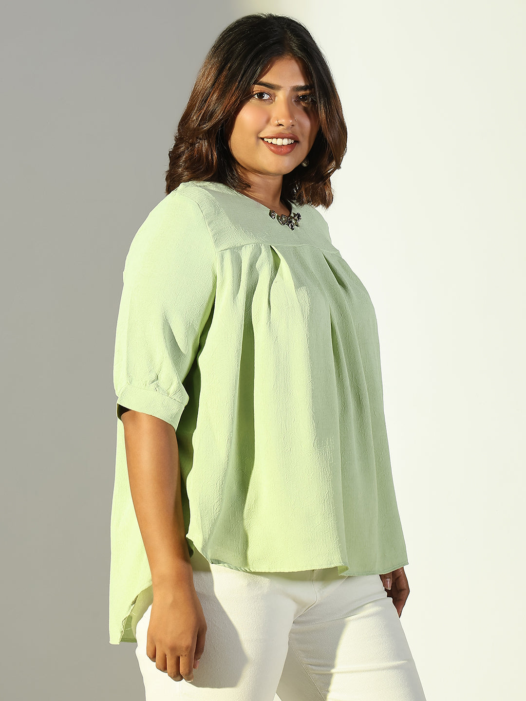 Women Green Solid A Line Top