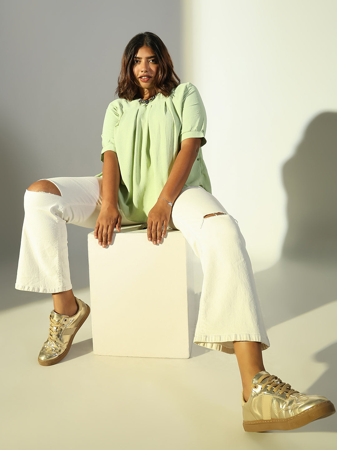 Women Green Solid A Line Top