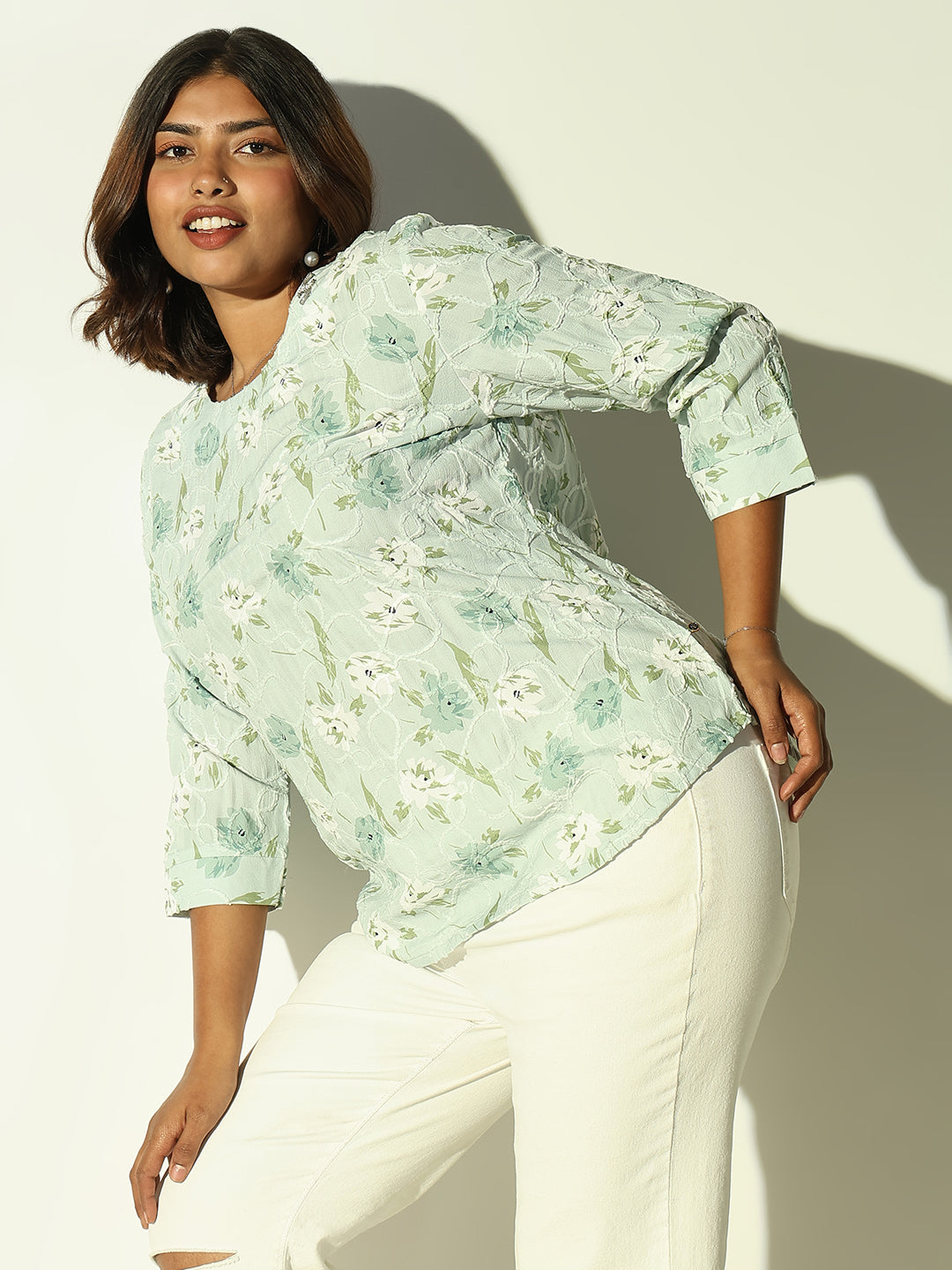 Women Green Floral Top