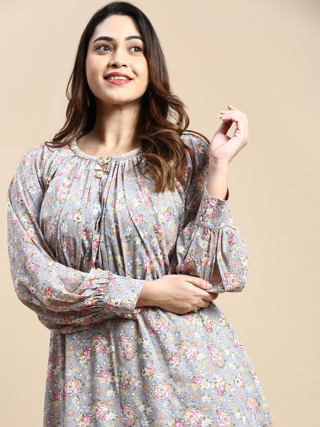 Women Bishop Grey Floral Fit and Flare Dress