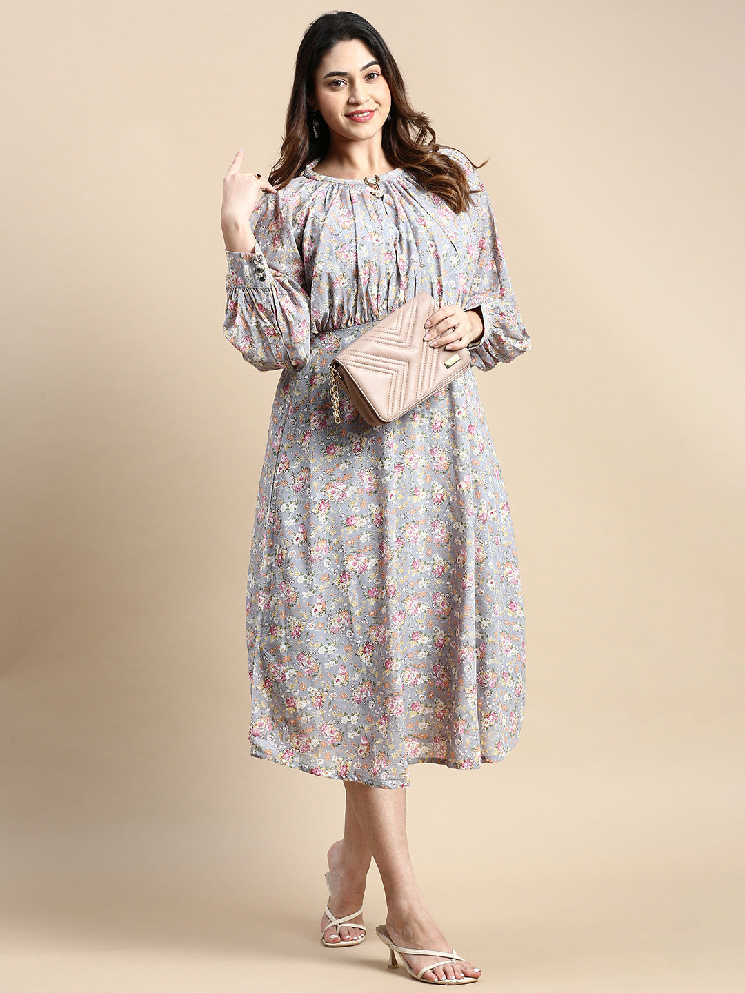 Women Bishop Grey Floral Fit and Flare Dress