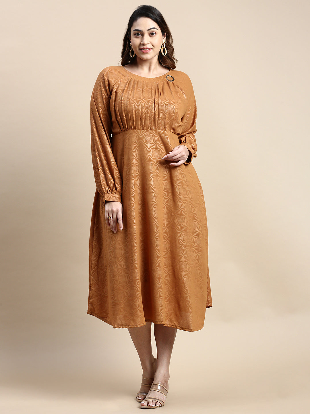 Women Bishop Camel Brown Geometric Fit and Flare Dress
