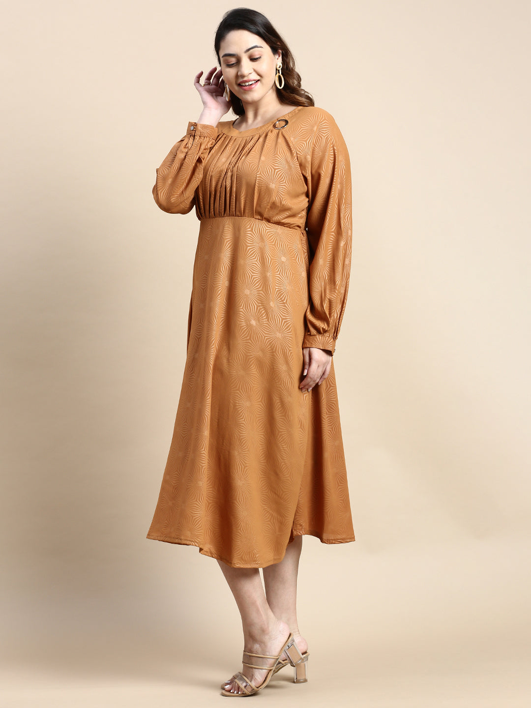 Women Bishop Camel Brown Geometric Fit and Flare Dress