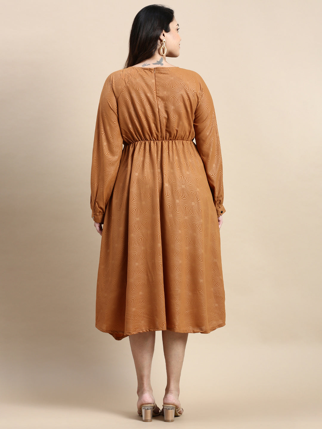 Women Bishop Camel Brown Geometric Fit and Flare Dress