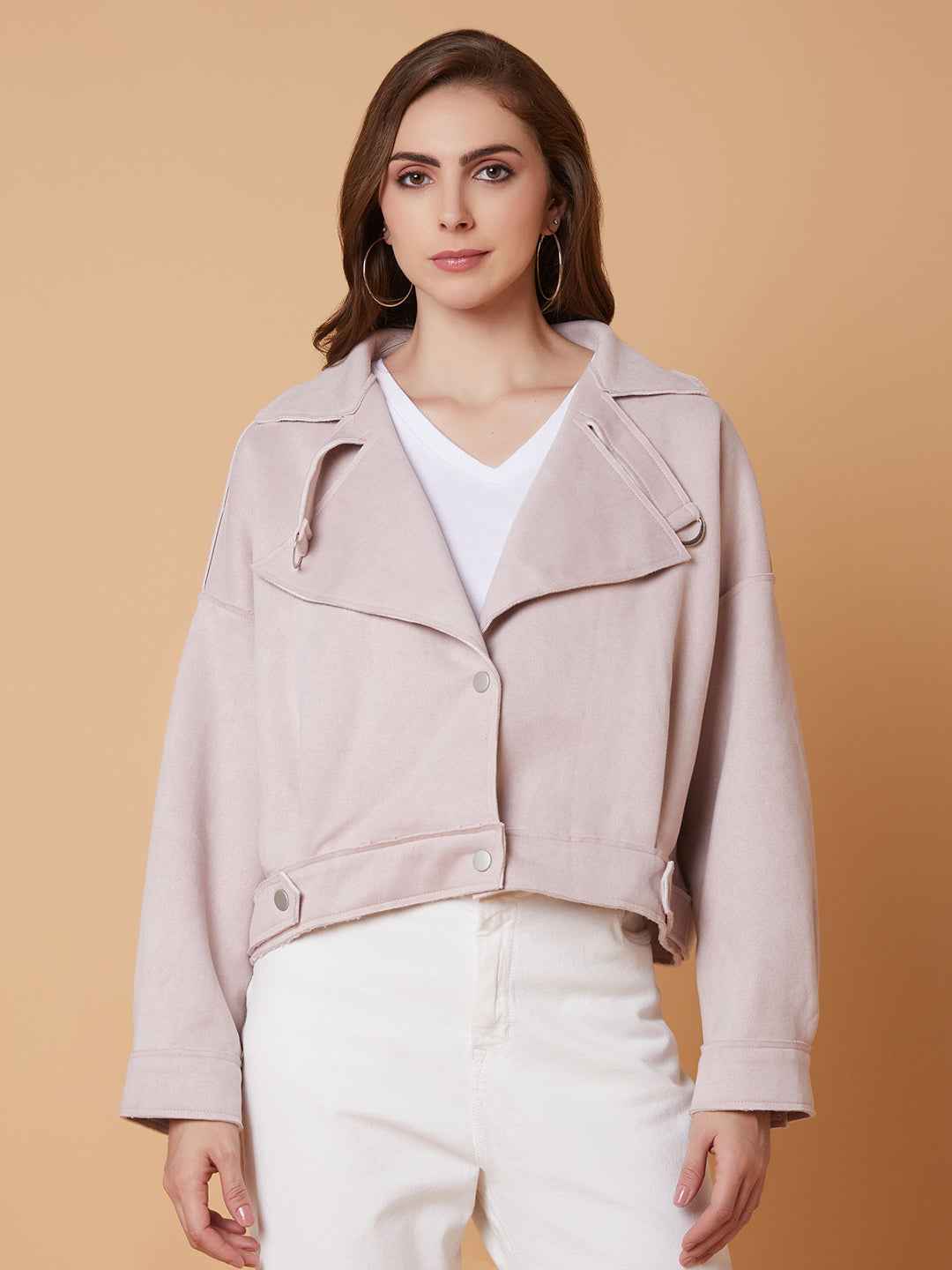 Women Peach Oversized Crop Tailored Jacket