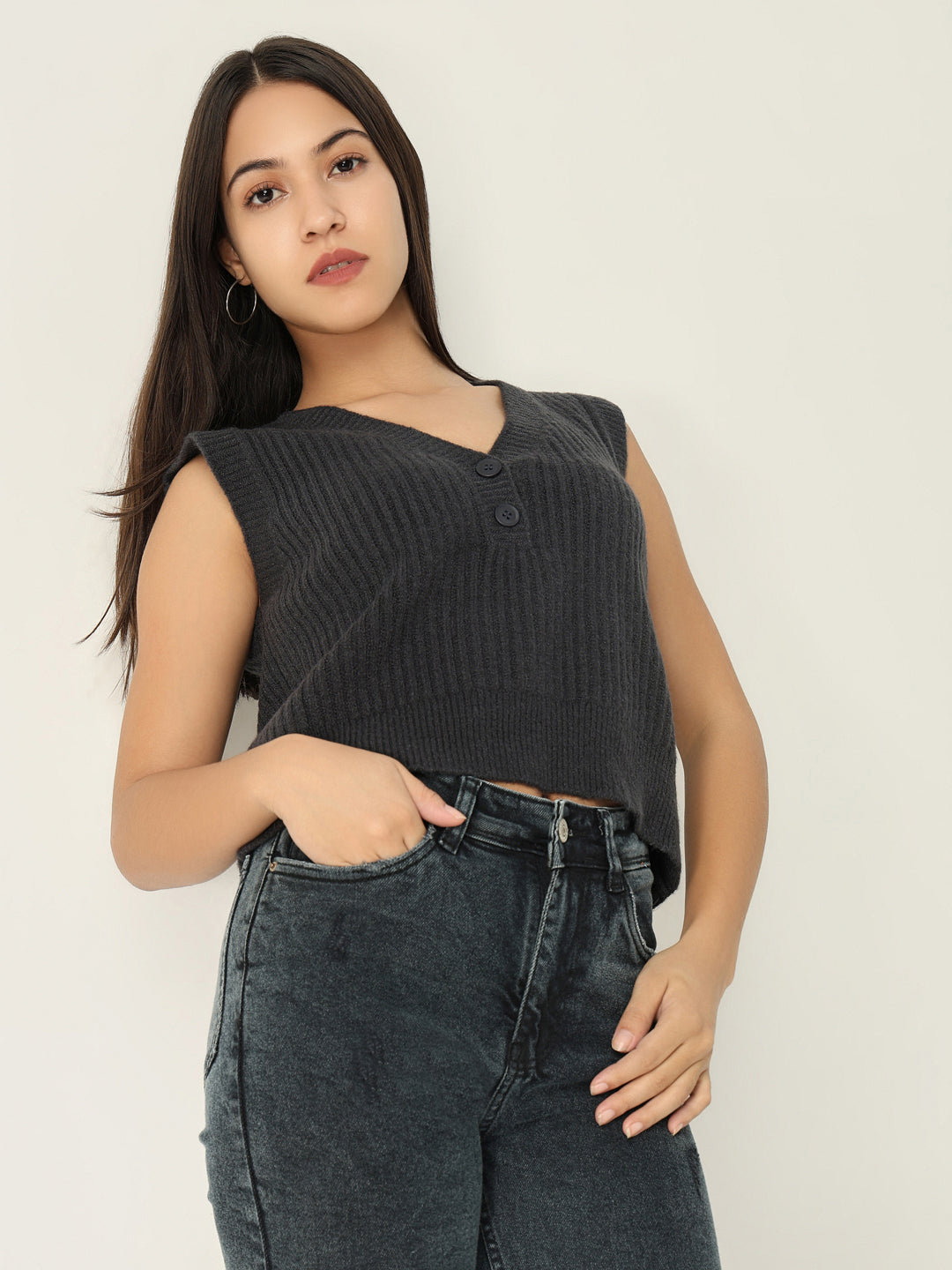 Women Solid Charcoal Top