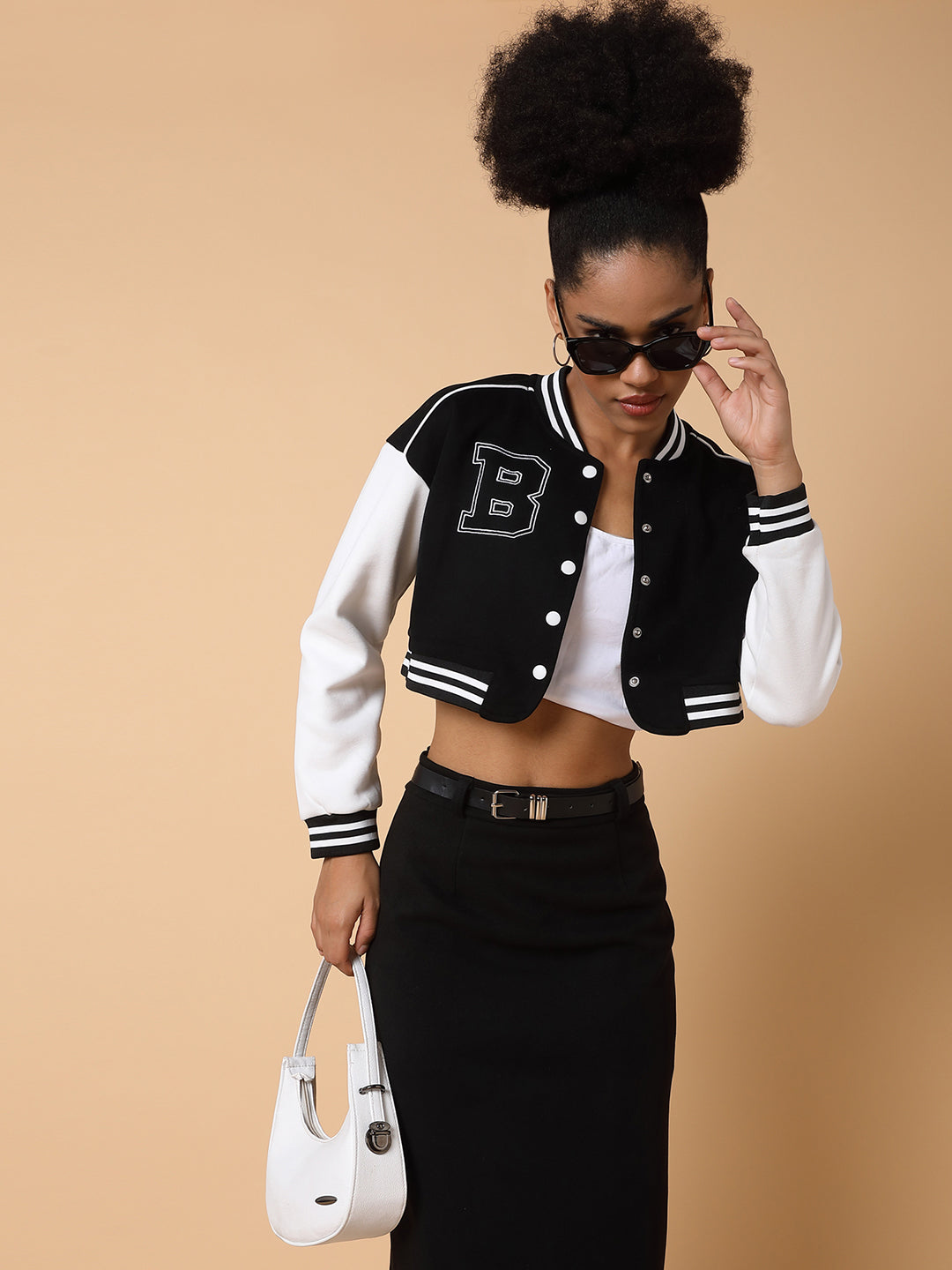 Women Black Crop Varsity Jacket