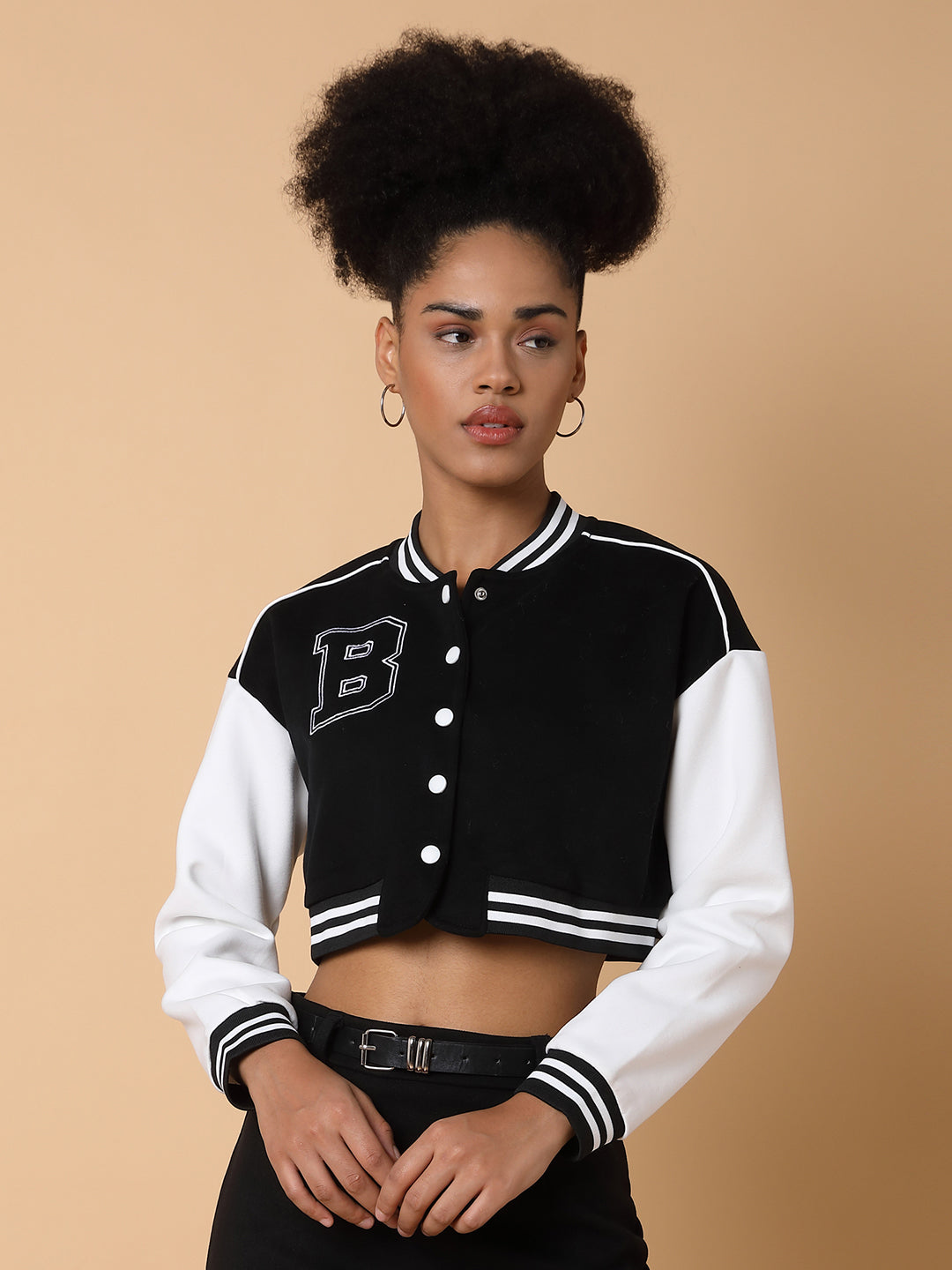 Women Black Crop Varsity Jacket