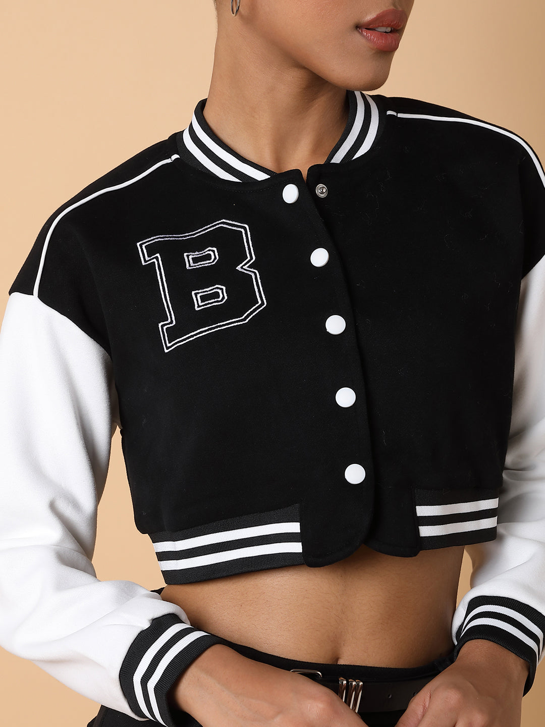 Women Black Crop Varsity Jacket