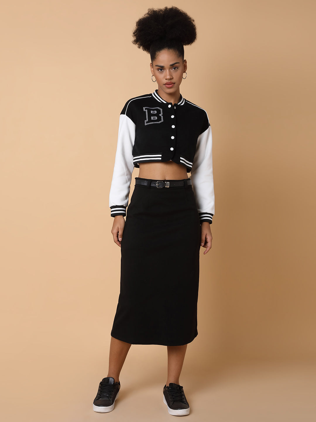 Women Black Crop Varsity Jacket