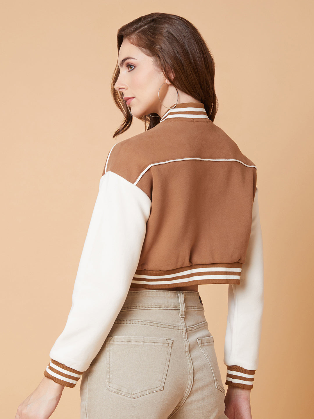 Women Brown Crop Varsity Jacket