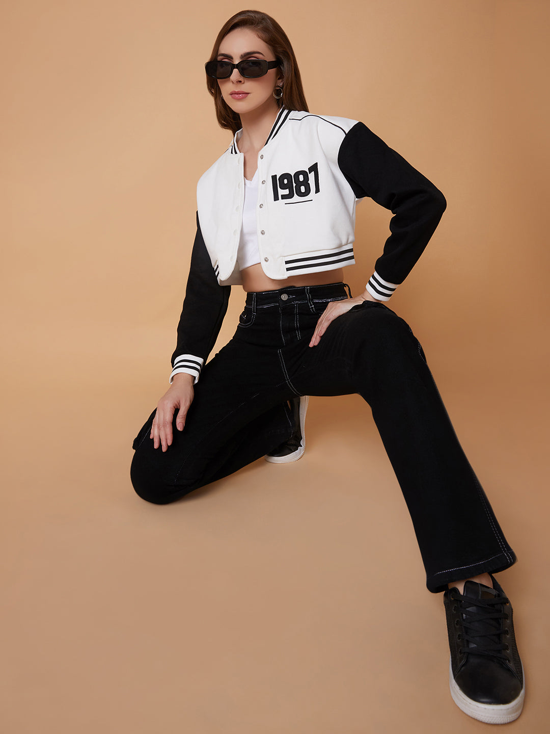 Women White Crop Varsity Jacket