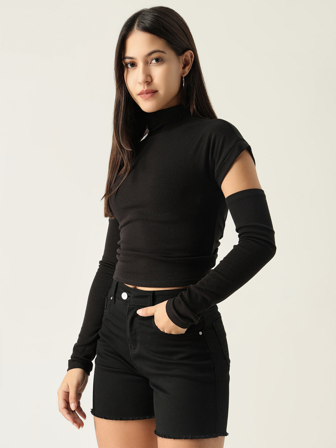 Women Solid Black Fitted Top