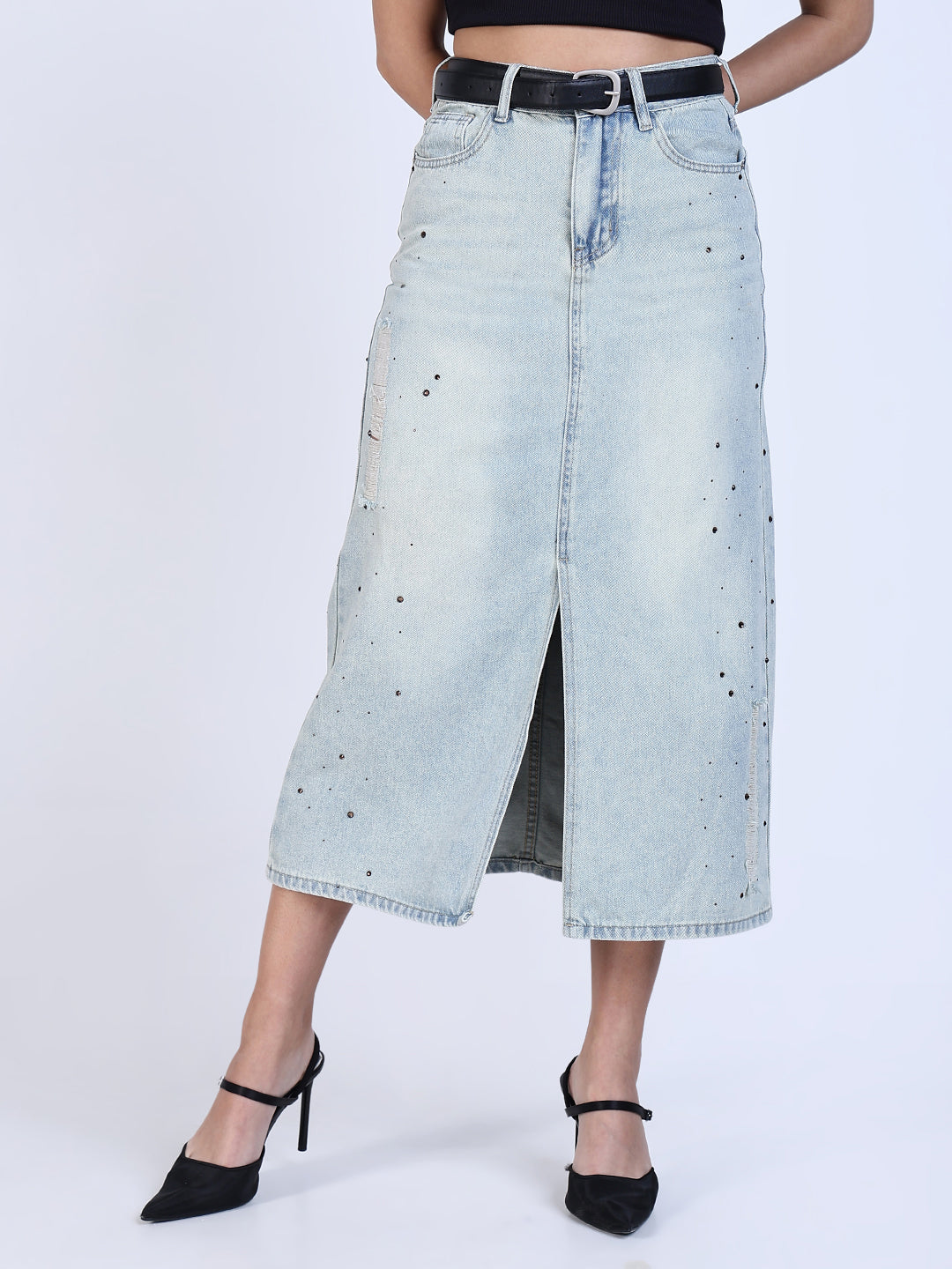 Women Blue Solid Denim Skirt with Belt