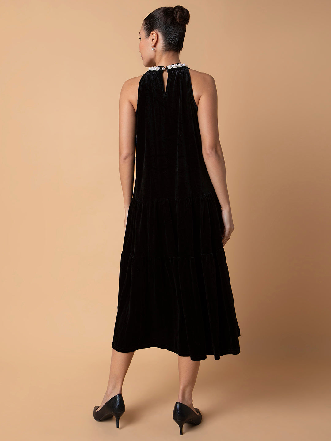 Women Solid Black Maxi A-Line Dress