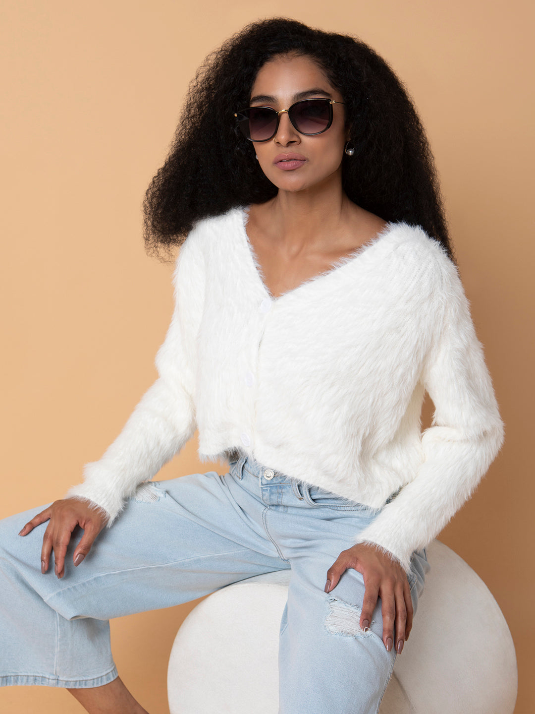 Women Solid Off White Oversized Cardigan