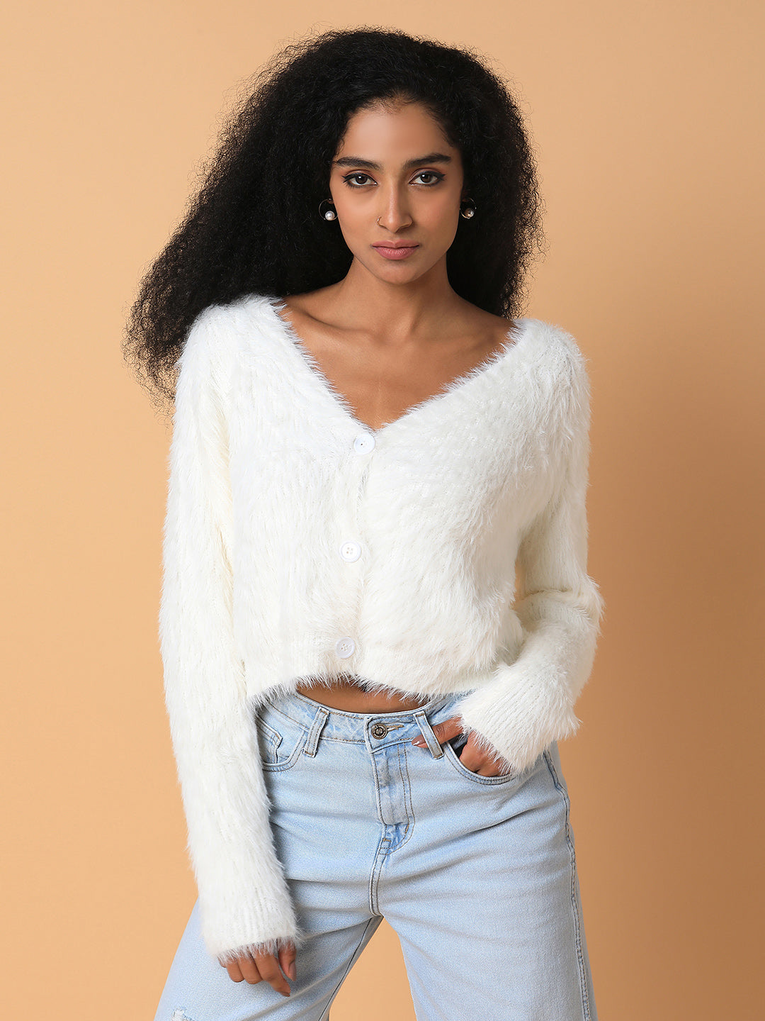 Women Solid Off White Oversized Cardigan