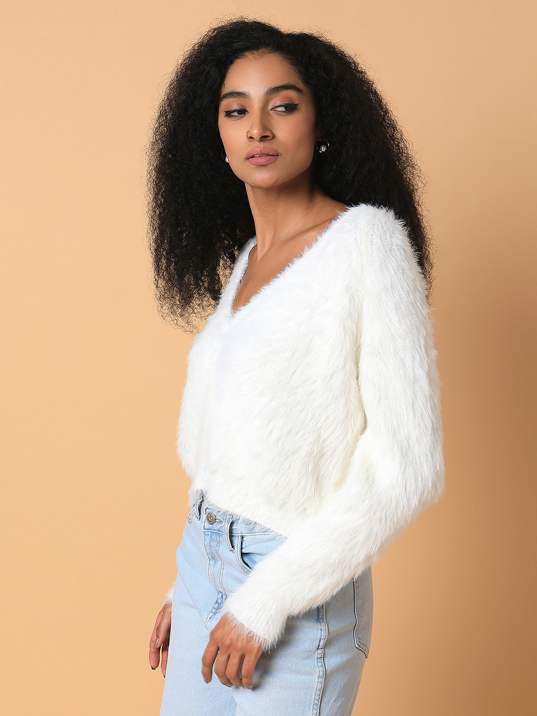 Women Solid Off White Oversized Cardigan