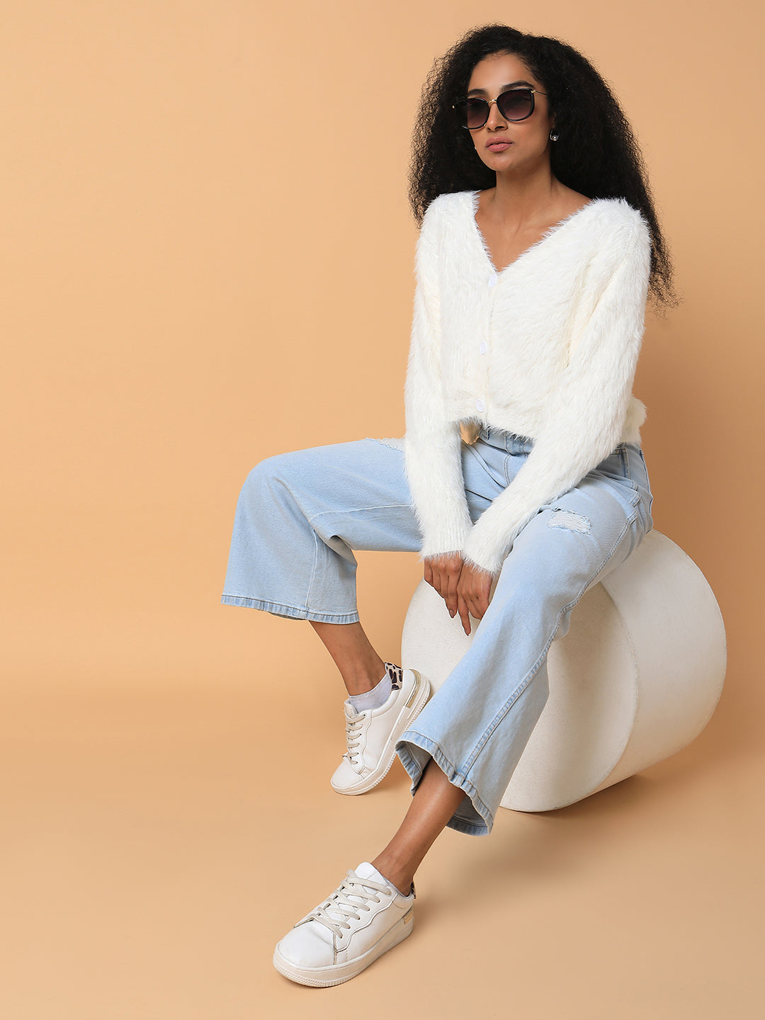 Women Solid Off White Oversized Cardigan