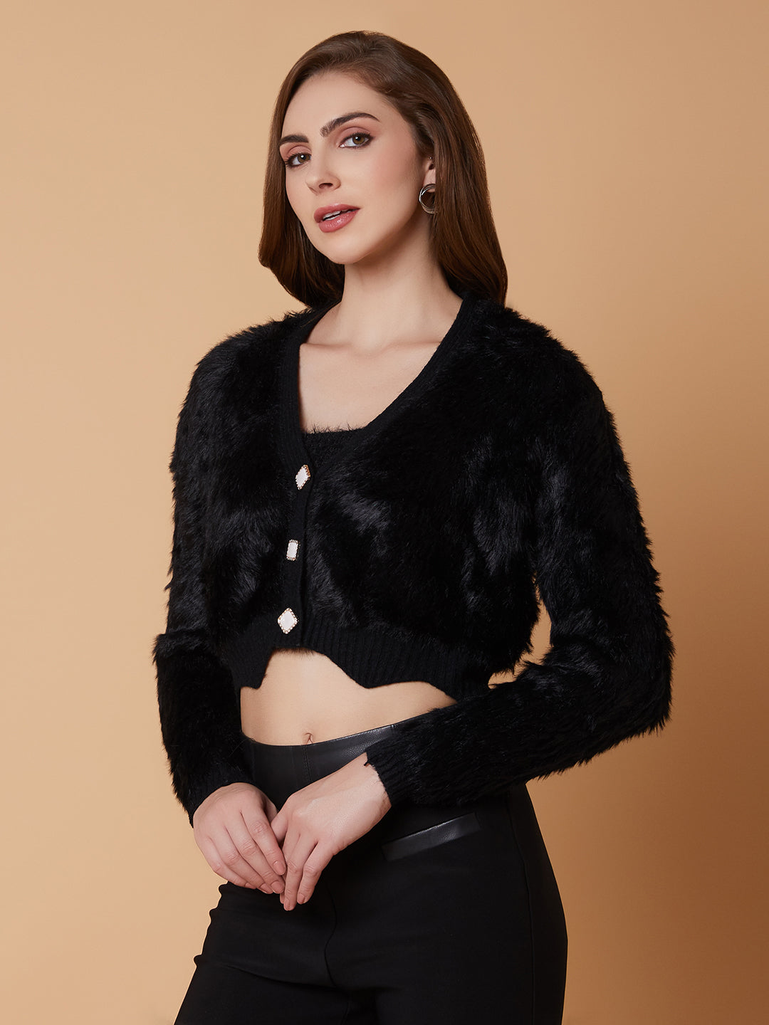 Women Solid Black Crop Cardigan with Inner Slip