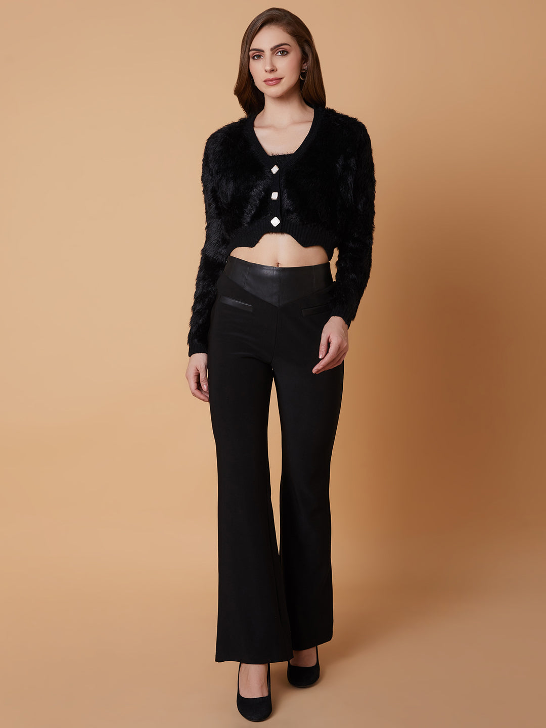 Women Solid Black Crop Cardigan with Inner Slip