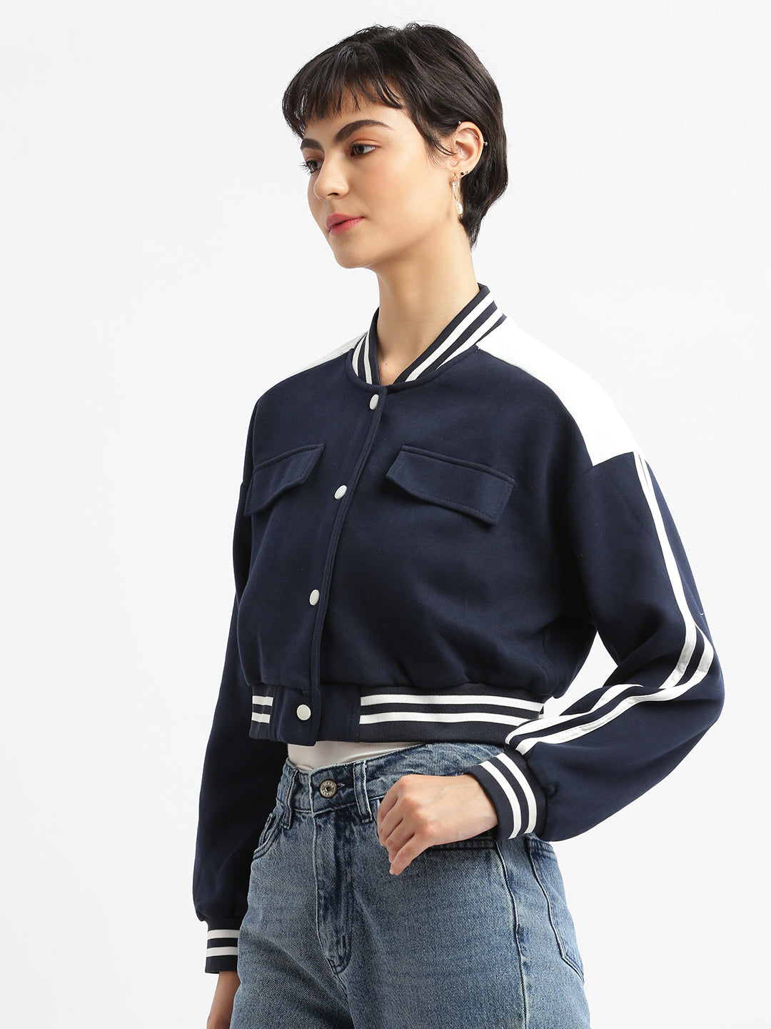 Women Navy Blue Crop Varsity Jacket