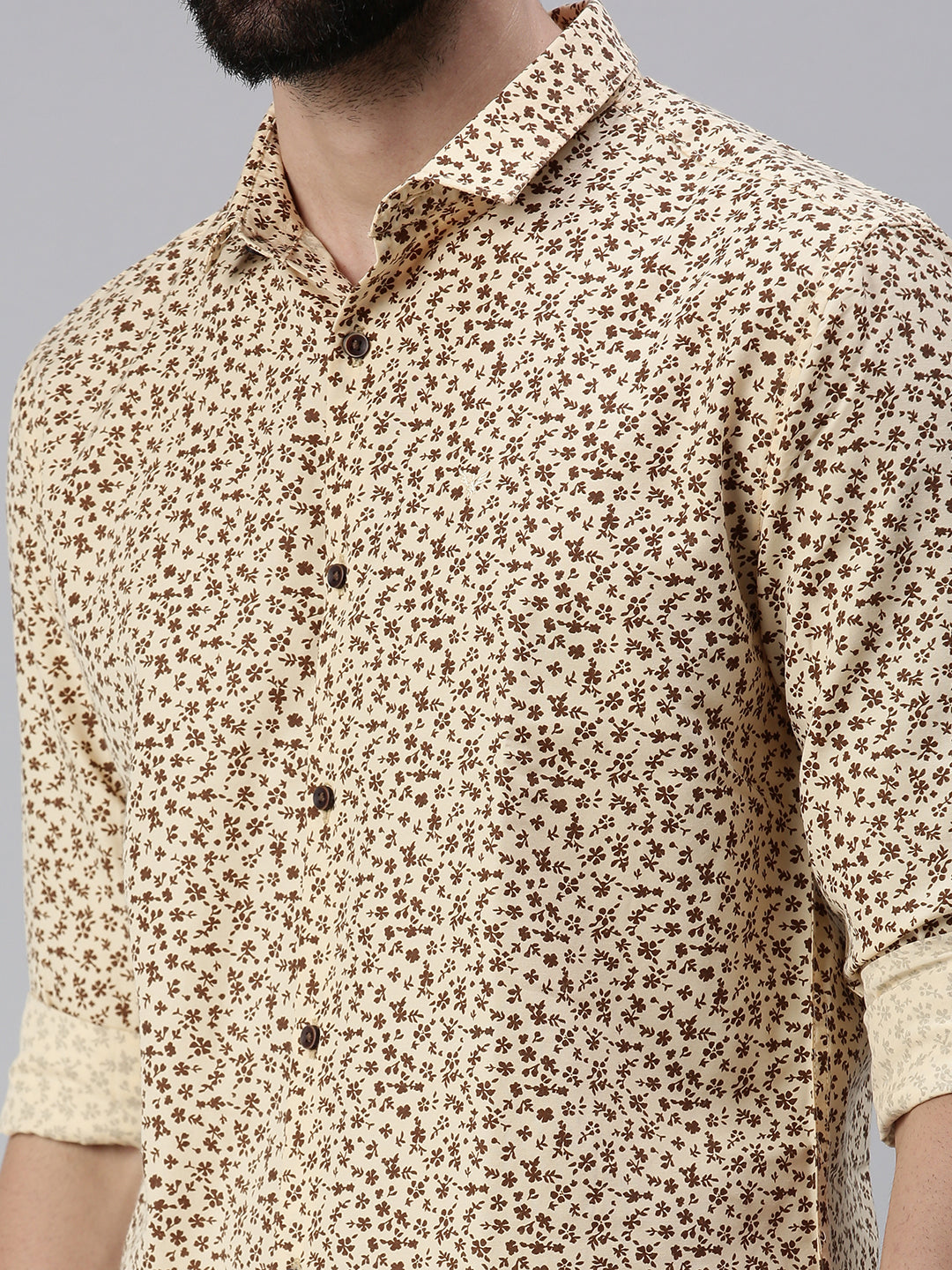 Men Spread Collar Printed Beige Shirt