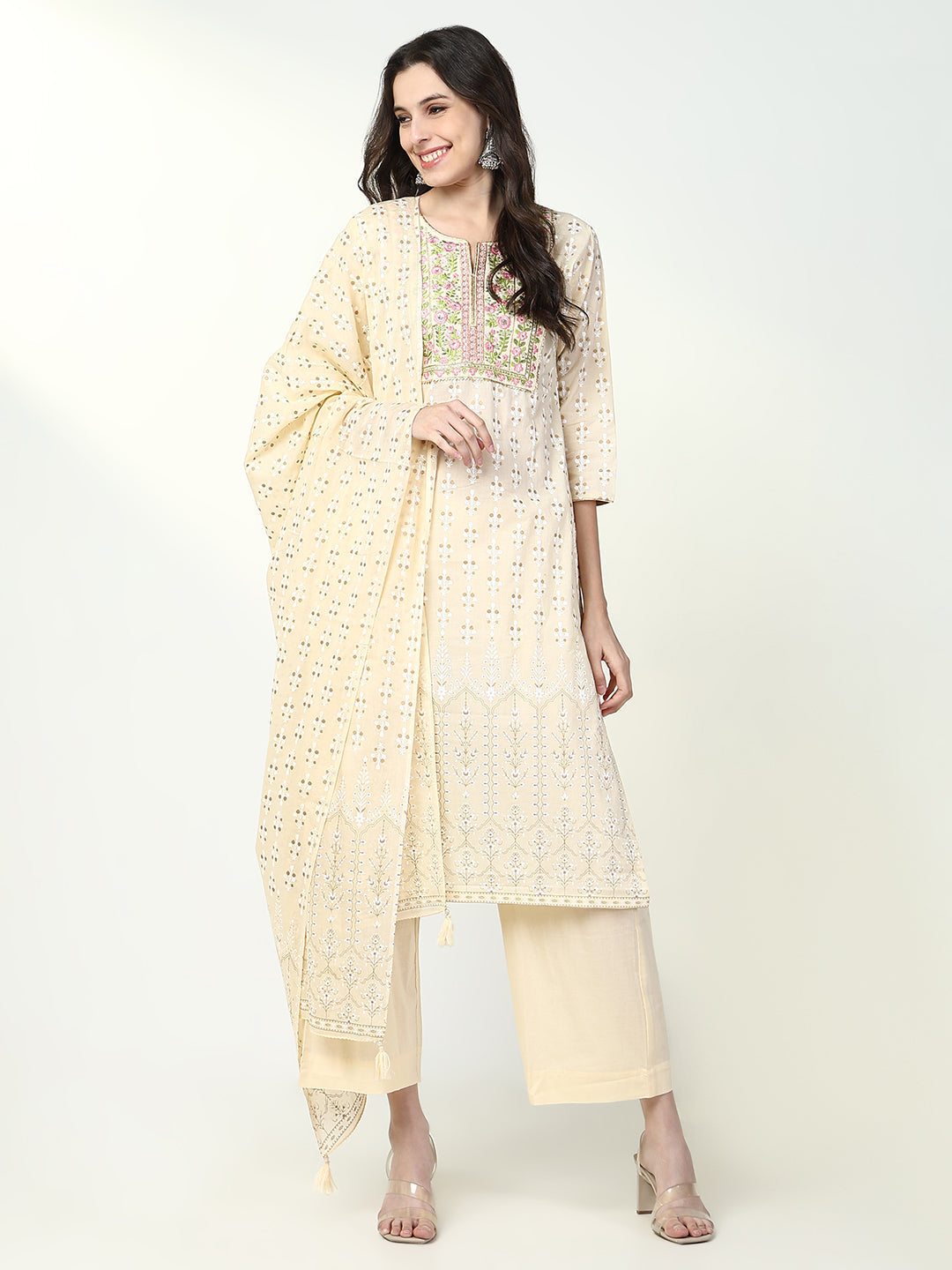 Women Floral Cream Straight Kurta Set with Dupatta