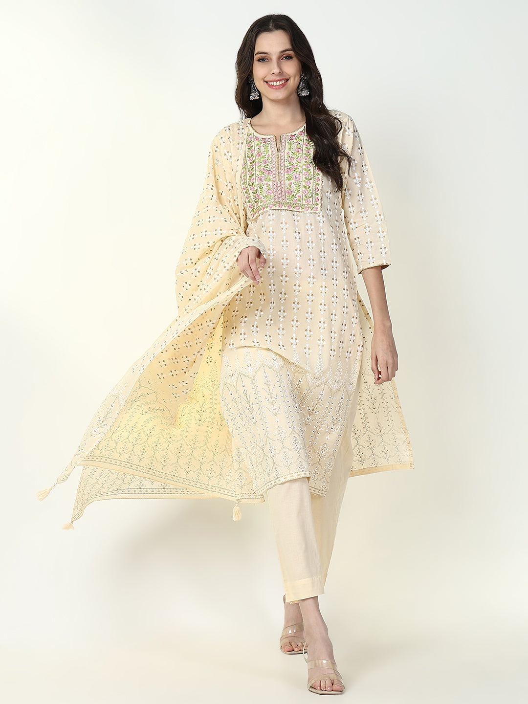 Women Floral Cream Straight Kurta Set with Dupatta