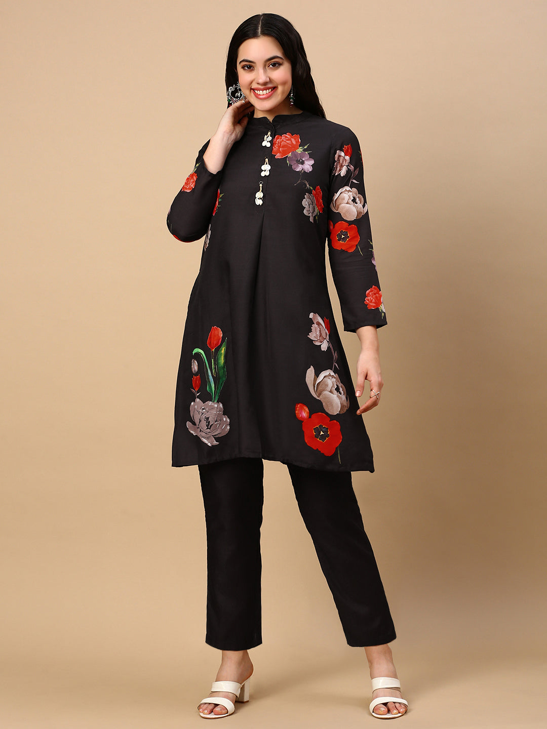 Women Floral Black A Line Kurta Set