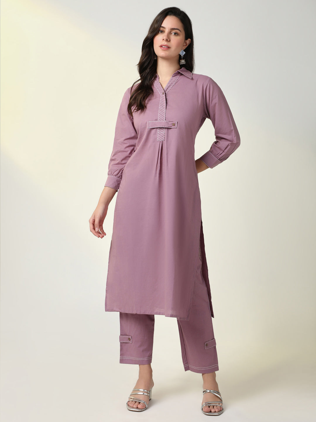 Women Lavender Solid Straight Kurta Set