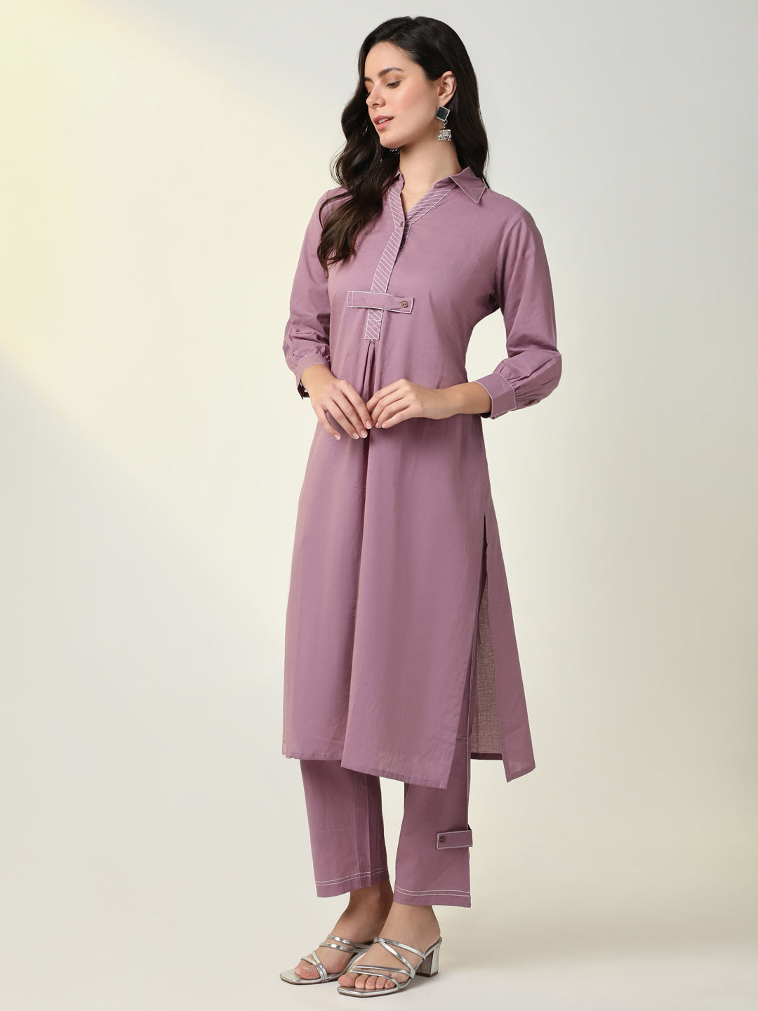 Women Lavender Solid Straight Kurta Set