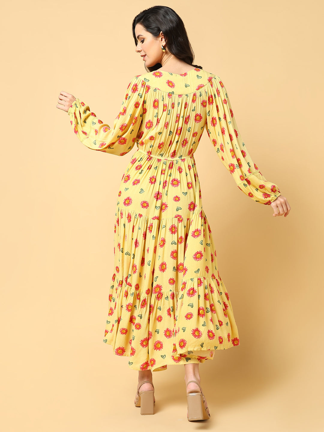 Women Printed Yellow Fit and Flare Dress