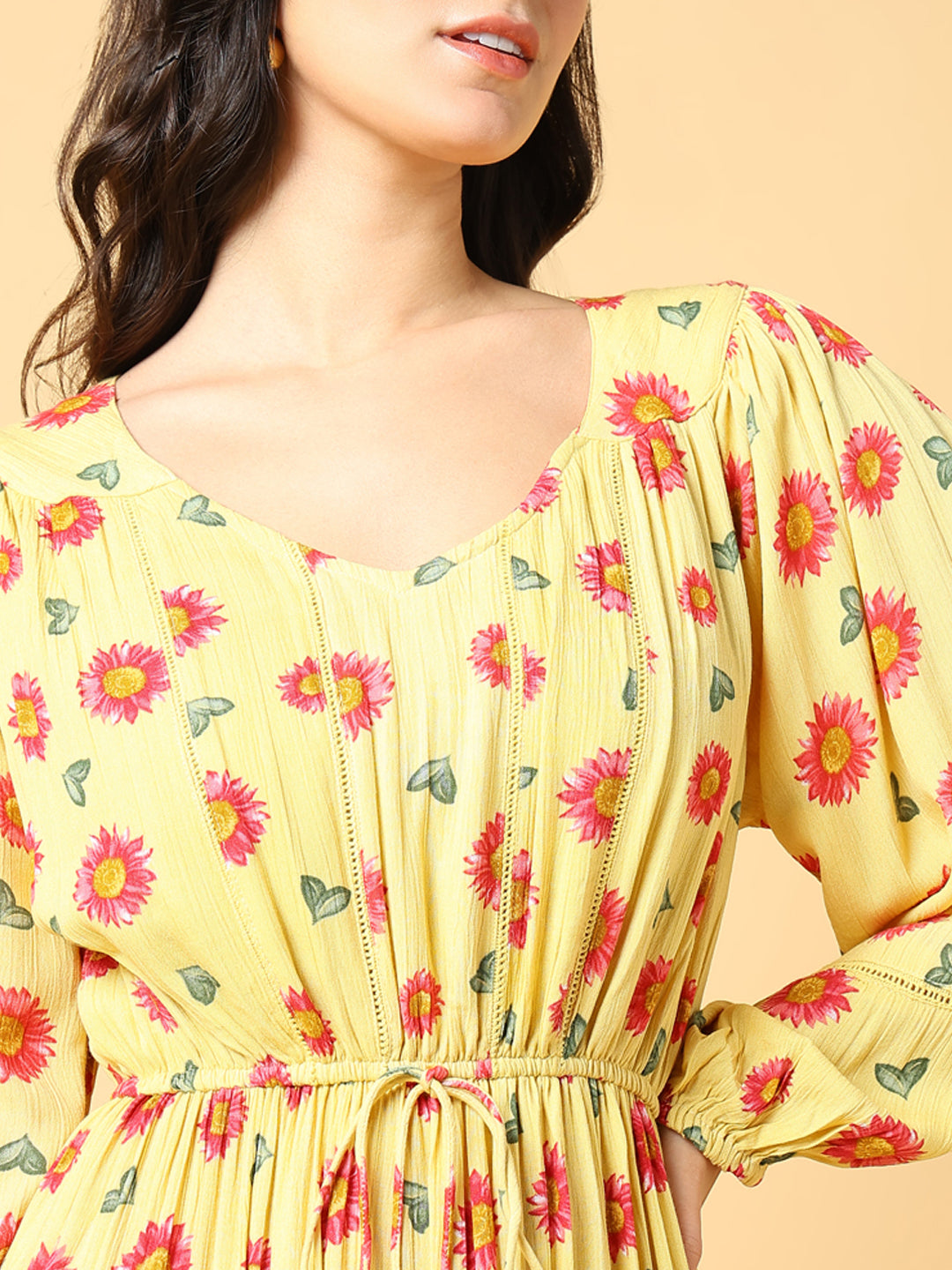 Women Printed Yellow Fit and Flare Dress