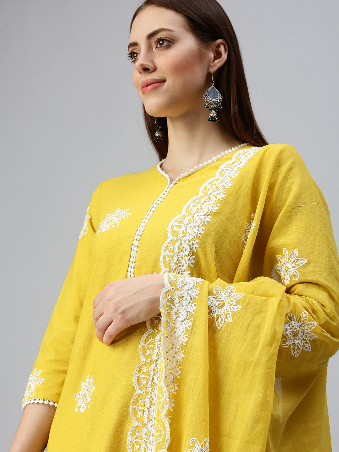 Women A-Line Yellow Embroidered Kurta and Trousers Comes with Dupatta