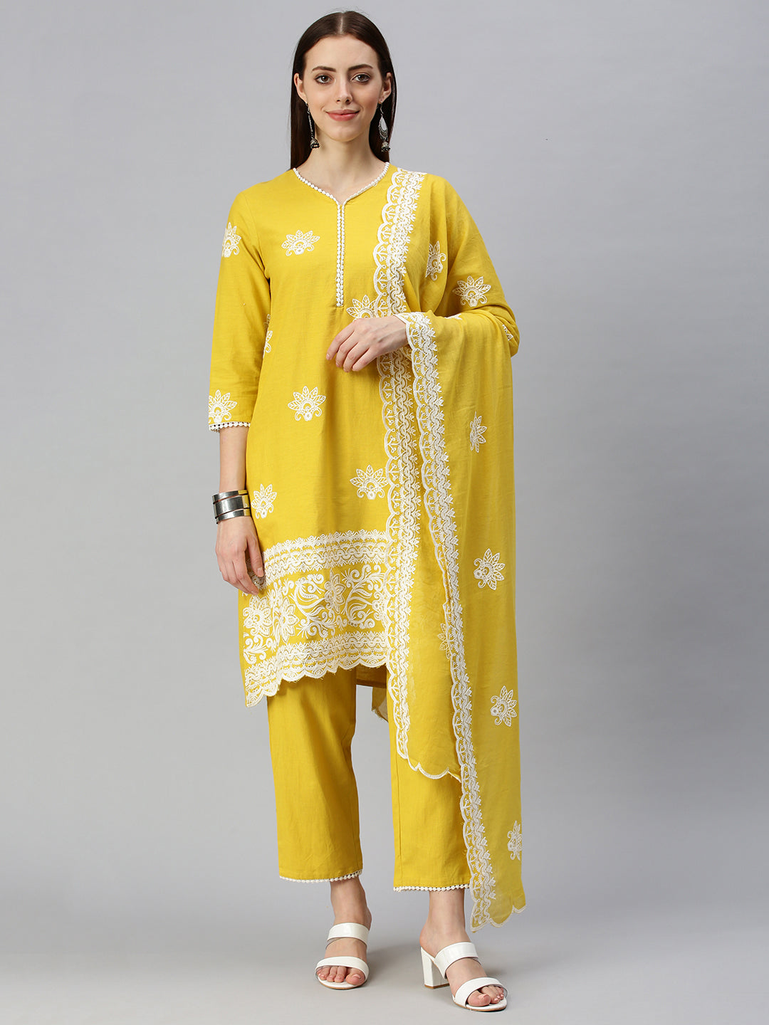 Women A-Line Yellow Embroidered Kurta and Trousers Comes with Dupatta