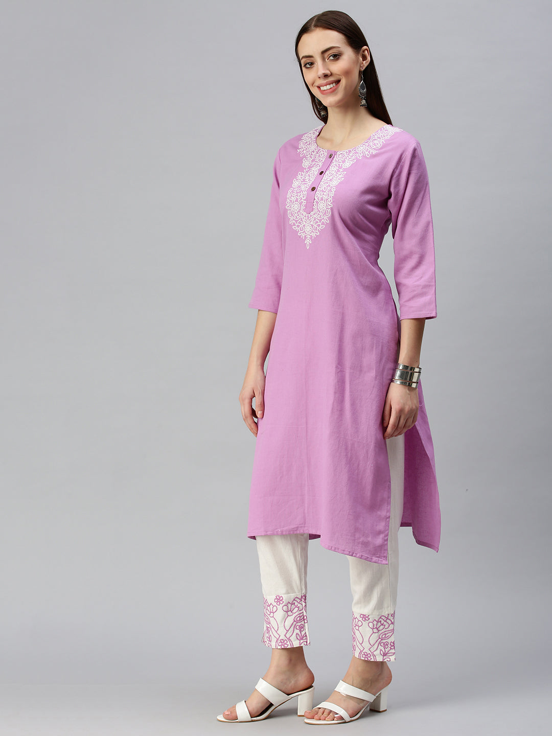 Women Straight Lavender Embroidered Kurta and Trousers