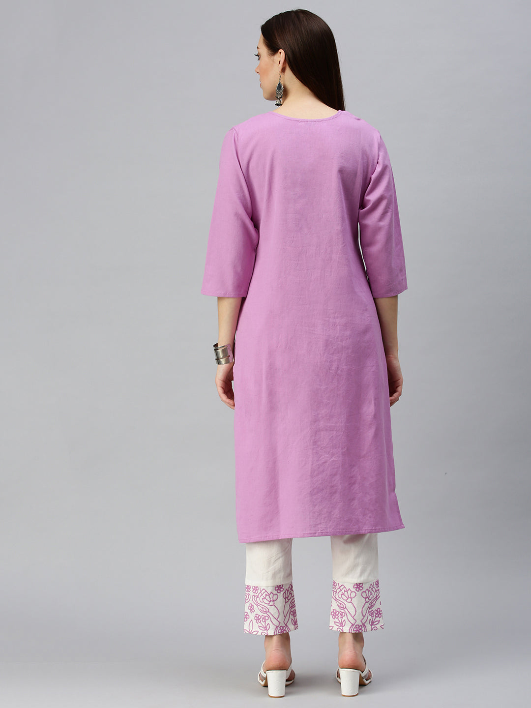 Women Straight Lavender Embroidered Kurta and Trousers