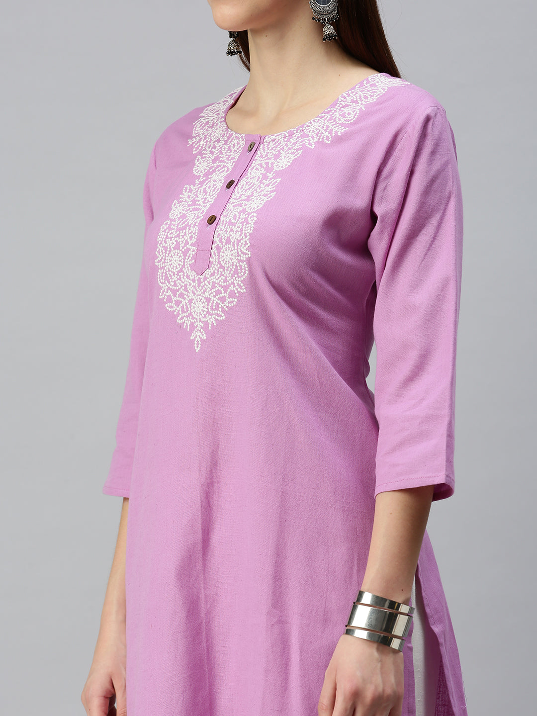 Women Straight Lavender Embroidered Kurta and Trousers