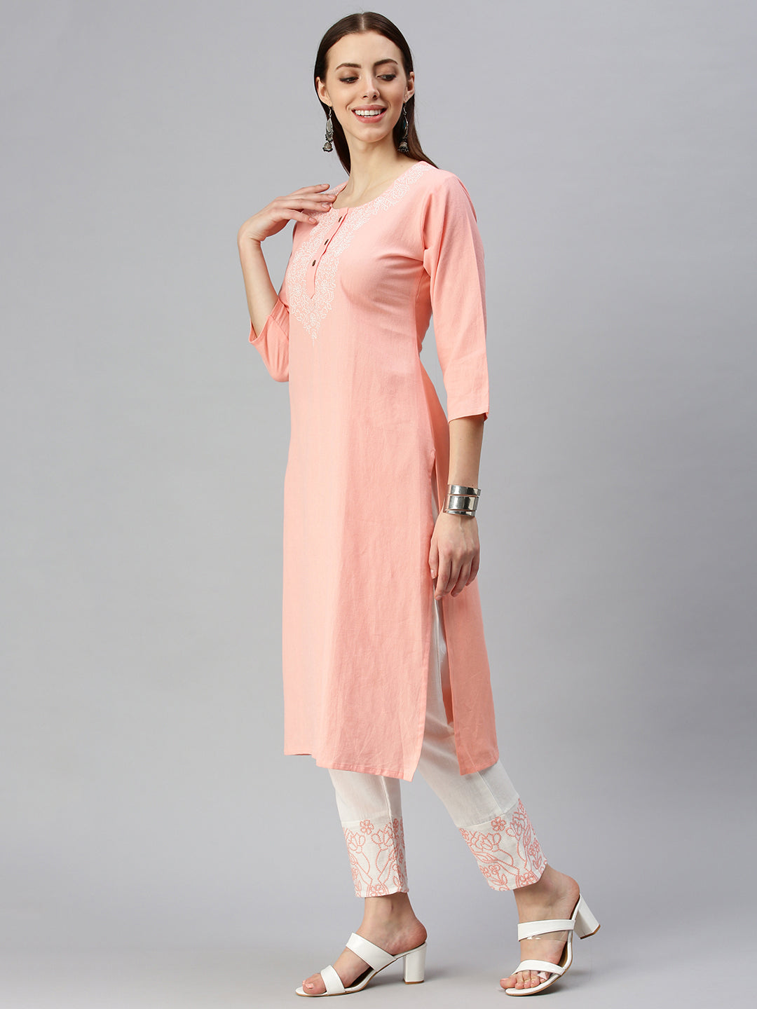 Women Straight Pink Embroidered Kurta and Trousers