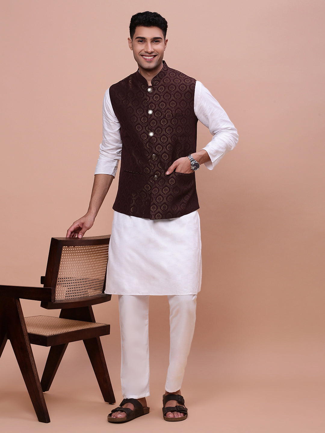 Men Woven Design Brown Slim Fit Nehru Jacket
