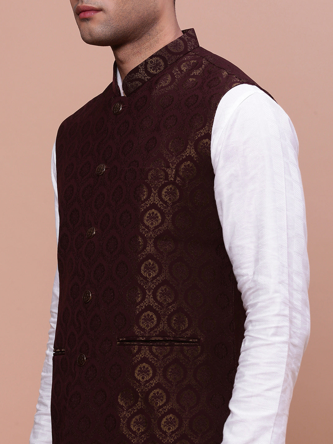 Men Woven Design Brown Slim Fit Nehru Jacket