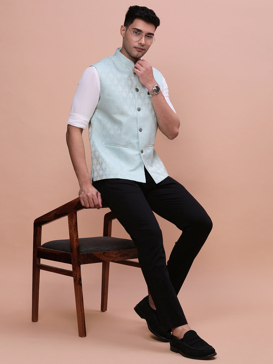 Men Woven Design Sea Green Slim Fit Nehru Jacket
