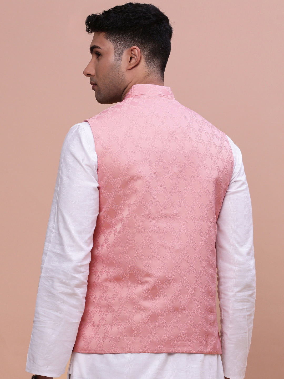 Men Woven Design Peach Slim Fit Nehru Jacket