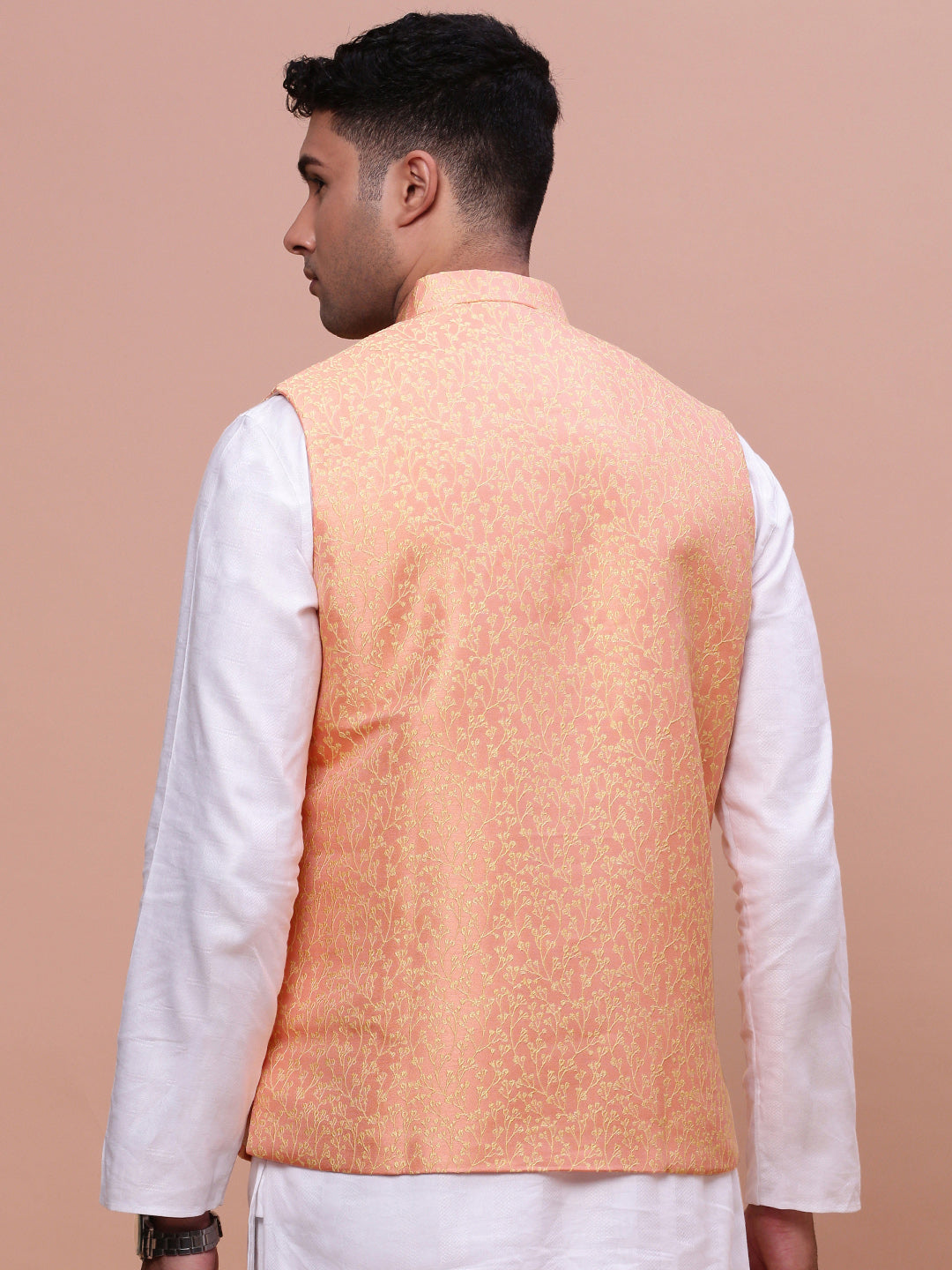 Men Woven Design Orange Slim Fit Nehru Jacket