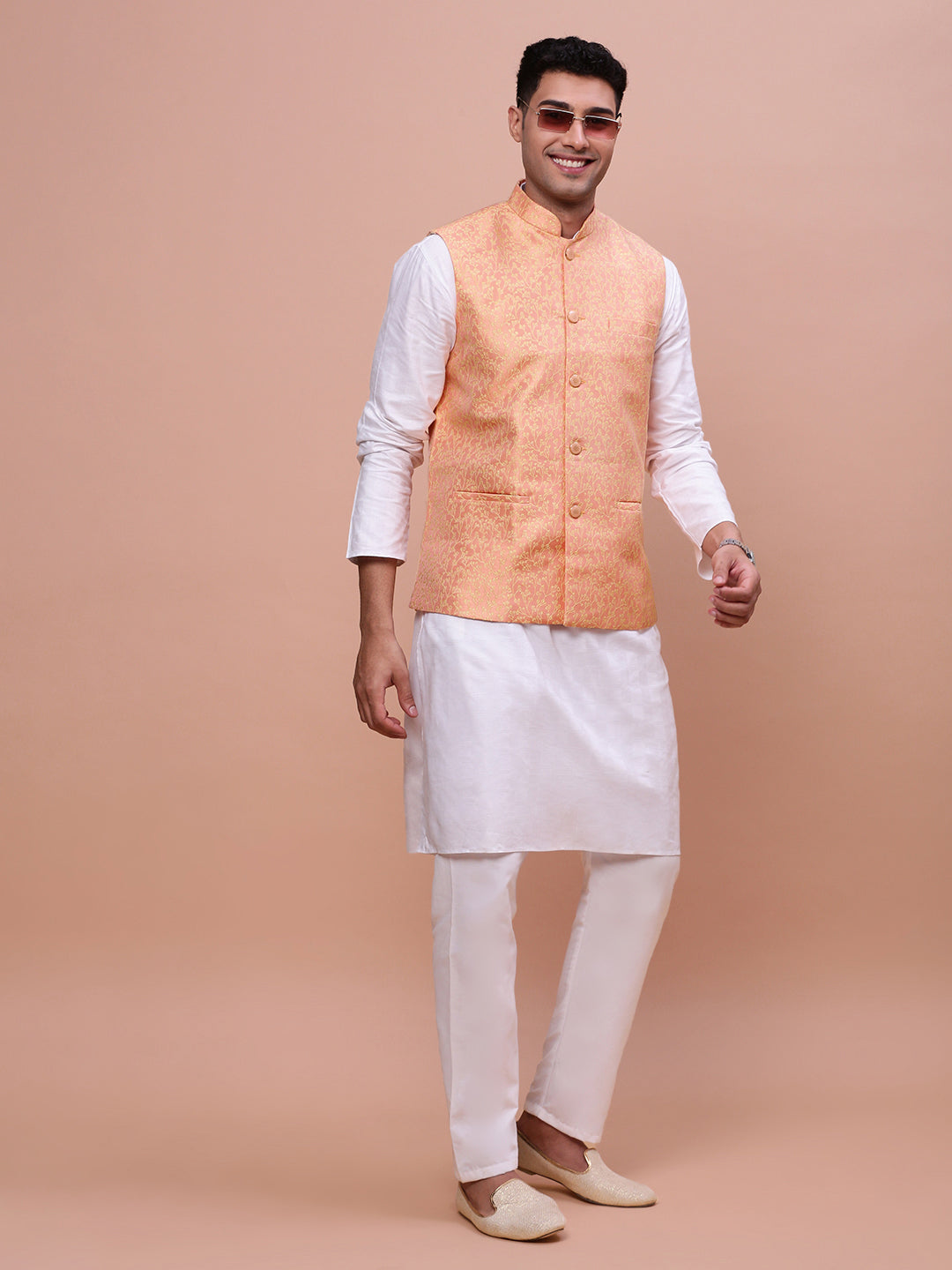 Men Woven Design Orange Slim Fit Nehru Jacket