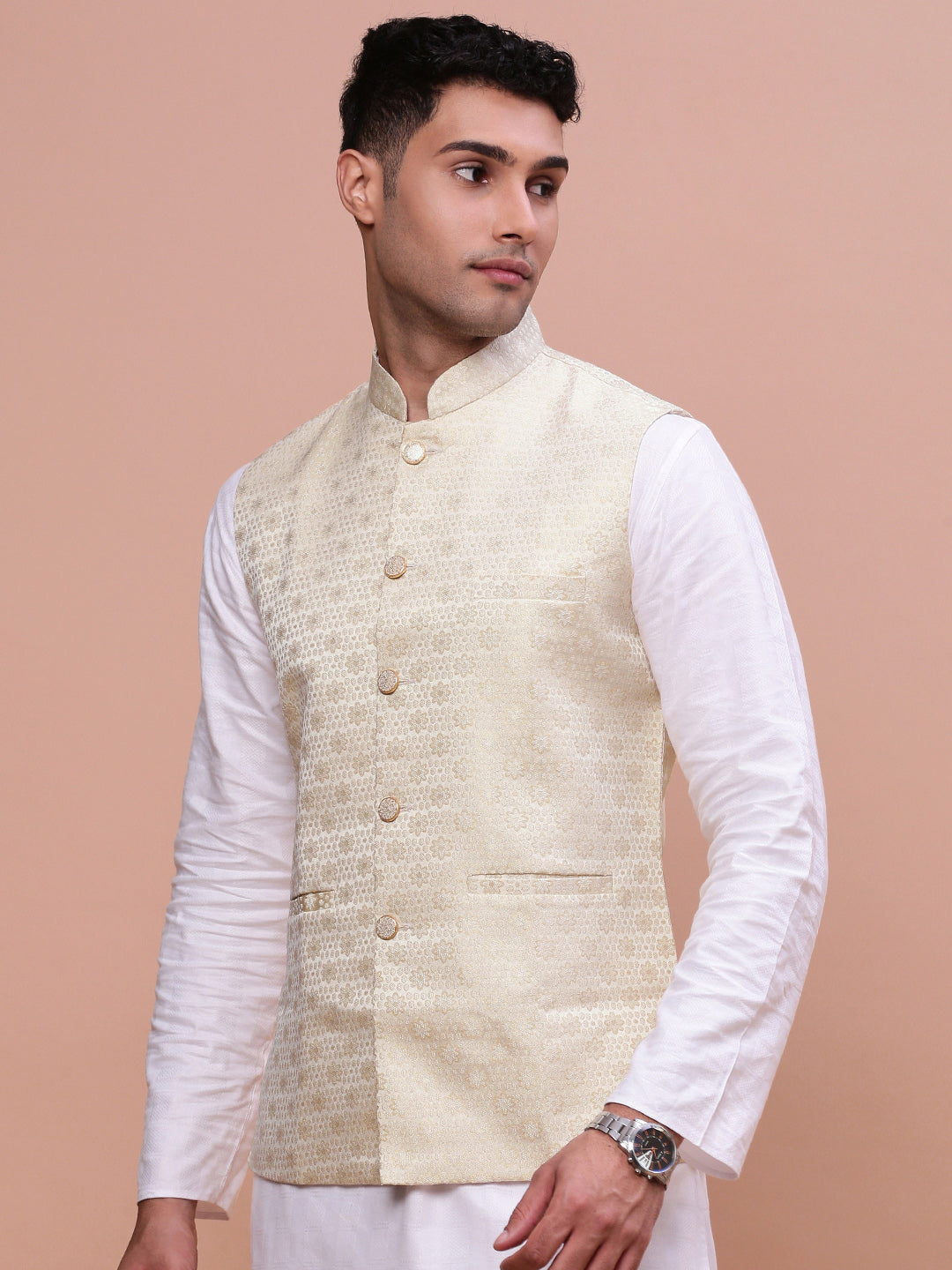 Men Woven Design Cream Slim Fit Nehru Jacket