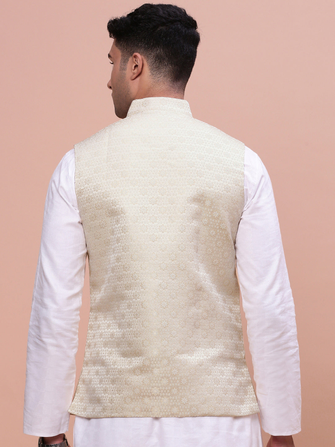 Men Woven Design Cream Slim Fit Nehru Jacket